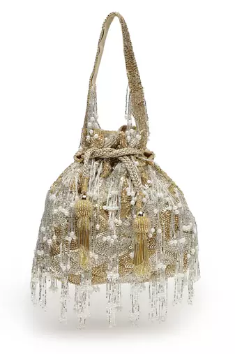 droop gold & silver palmette embellished suede potli