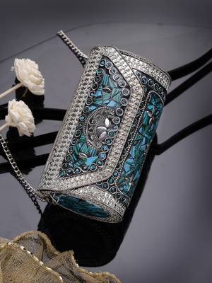 mosaic turquoise blue & silver mosaic embellished metal clutch 1