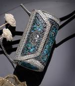 mosaic turquoise blue & silver mosaic embellished metal clutch