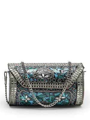 mosaic turquoise blue & silver mosaic embellished metal clutch 3