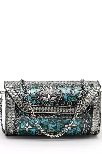 mosaic turquoise blue & silver mosaic embellished metal clutch