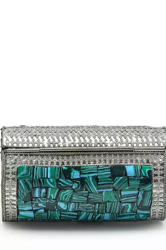 mosaic turquoise blue & silver mosaic embellished metal clutch