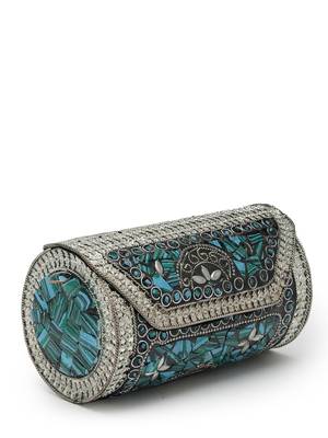 mosaic turquoise blue & silver mosaic embellished metal clutch 5