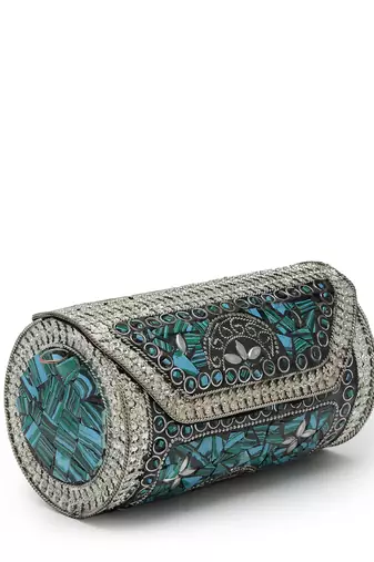 mosaic turquoise blue & silver mosaic embellished metal clutch