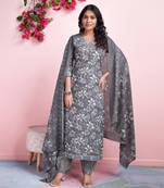  grey cotton floral gota patti straight kurta with afghani salwar & dupatta