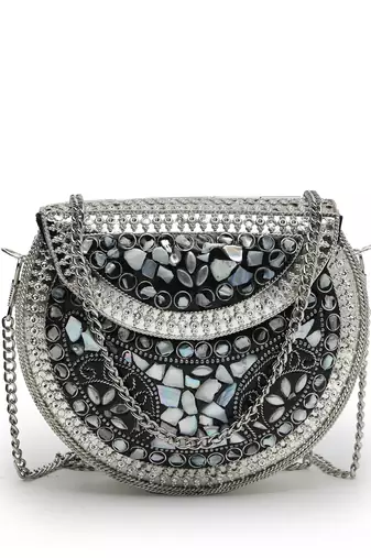 mosaic marble & silver mosaic embellished metal clutch
