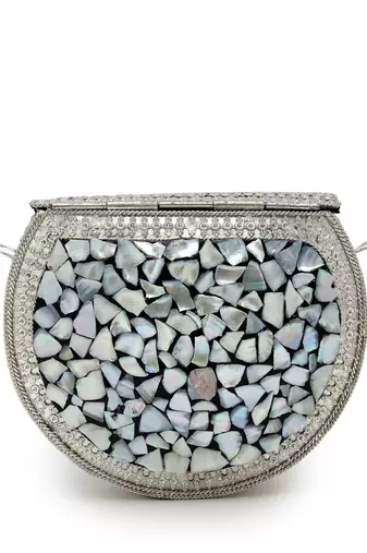 mosaic marble & silver mosaic embellished metal clutch