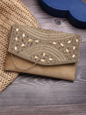 adorn beige & gold embellished suede clutch 1