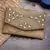 adorn beige & gold embellished suede clutch