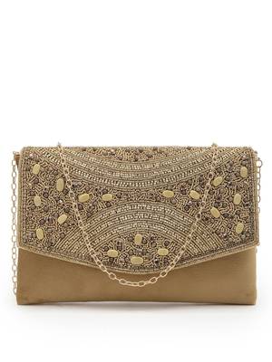 adorn beige & gold embellished suede clutch 4
