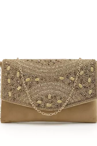 adorn beige & gold embellished suede clutch