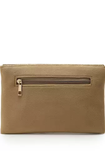 adorn beige & gold embellished suede clutch