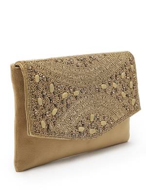 adorn beige & gold embellished suede clutch 6