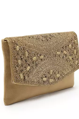 adorn beige & gold embellished suede clutch