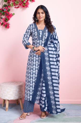  indigo blue cotton floral gota patti straight kurta with palazzo & dupatta