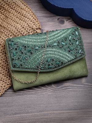 adorn bottle green & mehandi embellished suede clutch 1