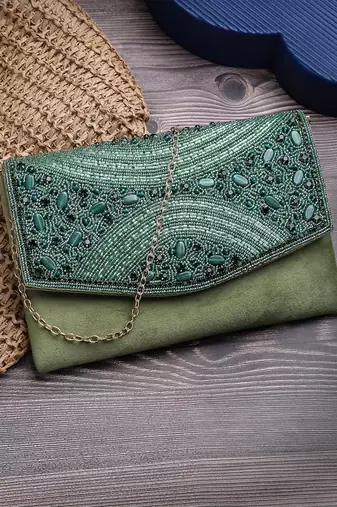 Anekaant adorn bottle green & mehandi embellished suede clutch