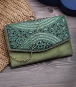 adorn bottle green & mehandi embellished suede clutch