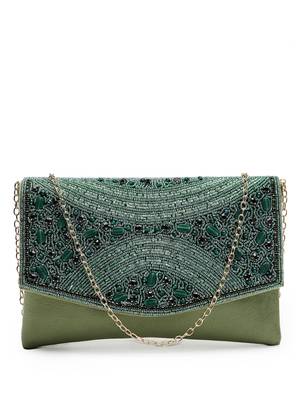 adorn bottle green & mehandi embellished suede clutch 4