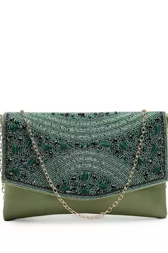 adorn bottle green & mehandi embellished suede clutch