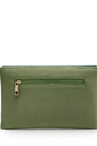 adorn bottle green & mehandi embellished suede clutch