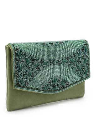 adorn bottle green & mehandi embellished suede clutch 6