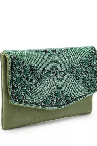 adorn bottle green & mehandi embellished suede clutch