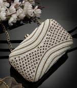 adorn white & gold embellished faux silk clutch