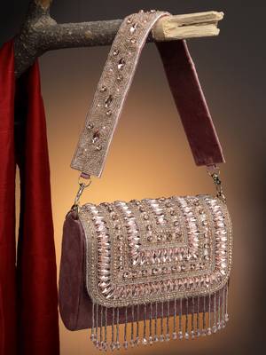 droop mauve & rose gold stone embellished suede clutch 1