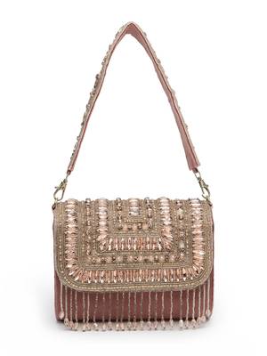 droop mauve & rose gold stone embellished suede clutch 4