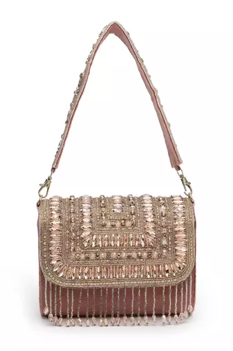 droop mauve & rose gold stone embellished suede clutch