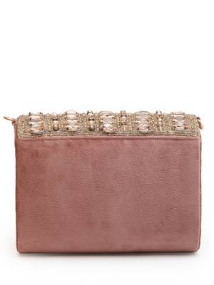 droop mauve & rose gold stone embellished suede clutch 5