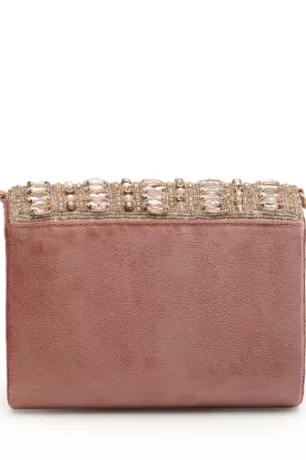 droop mauve & rose gold stone embellished suede clutch