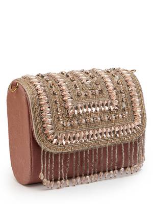 droop mauve & rose gold stone embellished suede clutch 6