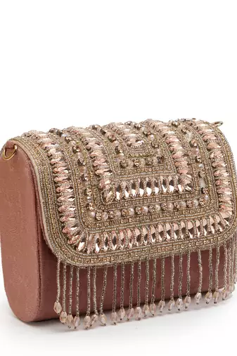 droop mauve & rose gold stone embellished suede clutch