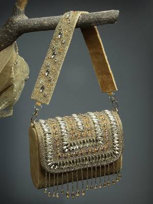 droop nude & gold stone embellished suede clutch 1