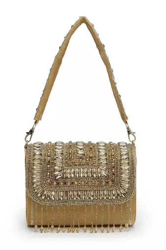 droop nude & gold stone embellished suede clutch