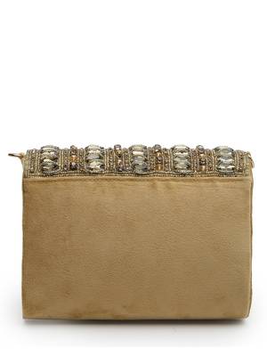 droop nude & gold stone embellished suede clutch 5