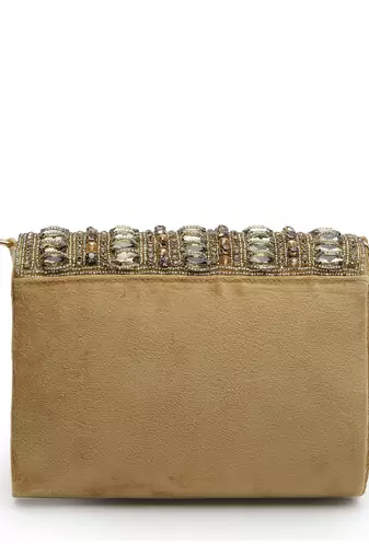 droop nude & gold stone embellished suede clutch