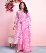  pink cotton floral gota patti straight kurta with palazzo & dupatta