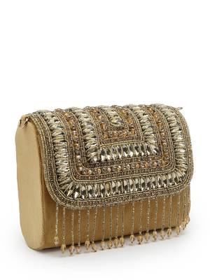 droop nude & gold stone embellished suede clutch 6