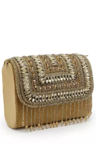 droop nude & gold stone embellished suede clutch