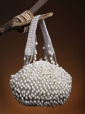 droop pearl & off white pearl embellished faux silk clutch 1