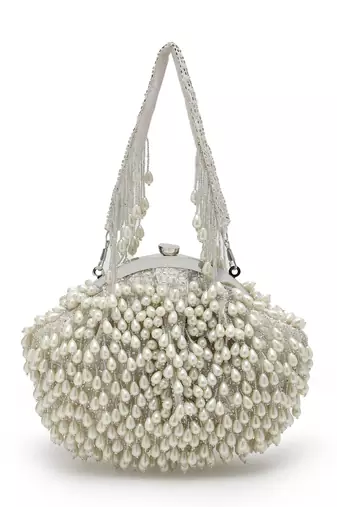droop pearl & off white pearl embellished faux silk clutch