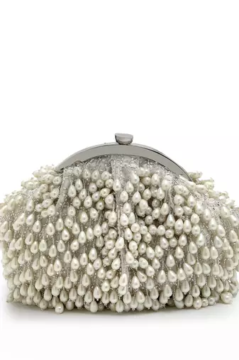 droop pearl & off white pearl embellished faux silk clutch