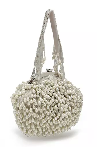 droop pearl & off white pearl embellished faux silk clutch