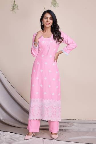 pink rayon ethnic motifs chikankari straight kurta with palazzo