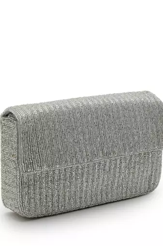 coffer silver striped embellished faux silk clutch