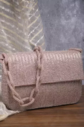 coffer dusky pink striped embellished faux silk clutch