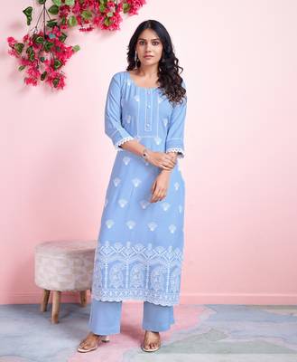  blue rayon paisley chikankari straight kurta with palazzo 1
